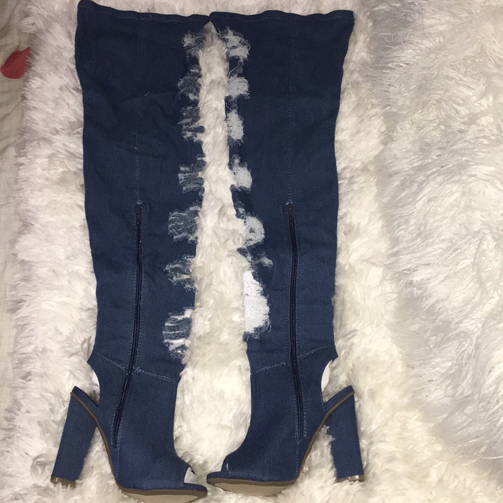 👩🏽‍🎓SALE- Dark Blue Thigh High Open Back Boots - Picture 3 of 6